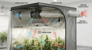 Diagram of an inline exhaust fan and ducting system used to fix grow tent heat buildup.