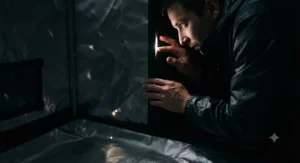 A grower inside a zipped enclosure checking for pinholes and grow tent light leaks with the lights turned off.