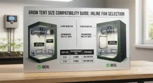 Diagram showing which inline fan size is best suited for small grow tents like 2x2 and 2x4 models.