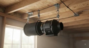 Rope hangers and mounting brackets used to safely suspend an inline fan with carbon filter combo kit from a ceiling.