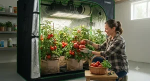 Gardener harvesting ripe red tomatoes from healthy plants grown inside an indoor tent.