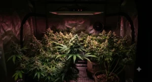 Healthy flowering cannabis plants thriving in a completely dark and sealed environment free from grow tent light leaks.