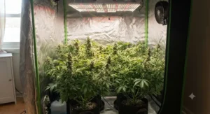 Lush green plants thriving under optimal conditions in a quiet grow tent setup.