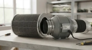 Heavy-duty carbon air filter paired with a high CFM inline exhaust fan for efficient air filtration