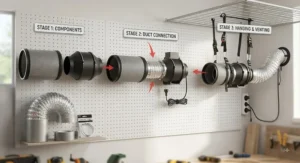 Diagram showing the installation steps for a 4 inch inline fan and carbon filter kit