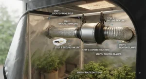 A step-by-step installation guide showing how to properly hang an inline duct fan in a grow tent.