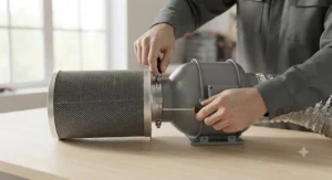 Step by step illustration showing how to connect an inline fan to a carbon air filter using metal duct clamps