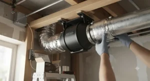 Step-by-step DIY installation of the quietest 4-inch inline duct fan connecting flexible HVAC ducting in a condo ceiling.