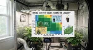 VPD and humidity chart showing target moisture levels for seedling, vegetative, and flowering stages.
