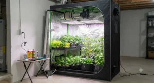 Complete indoor grow tent for vegetables setup equipped with LED grow lights and ventilation system in a basement.