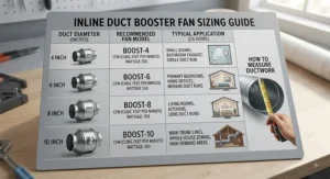 A sizing guide for selecting the correct inline duct booster fan based on duct diameter for US home HVAC systems.