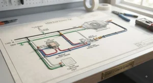 A technical schematic illustrating the wiring connections for an inline duct booster fan with an automatic pressure switch.