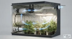Diagram showing the proper airflow path using an inline duct fan for grow tent ventilation and an exhaust system.