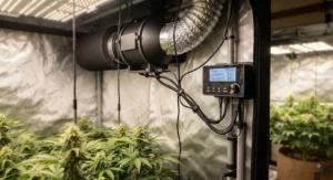 Inline duct fan for grow tent ventilation connected to a smart environmental controller for heat and moisture regulation.