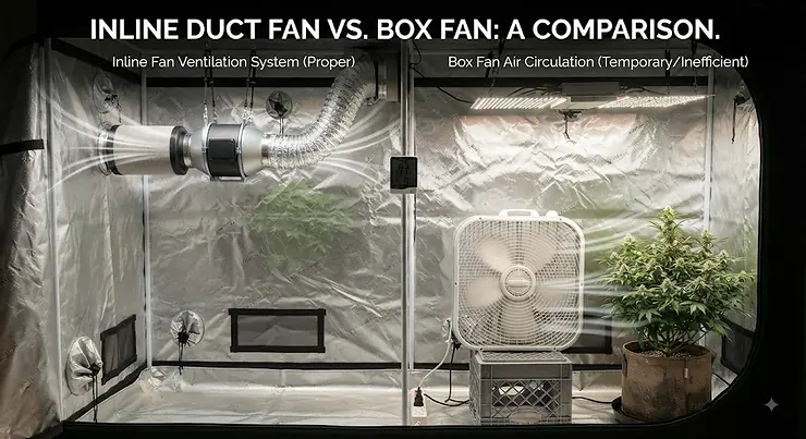 A comparison graphic showing an inline duct fan and a box fan side-by-side inside a grow tent setup. inline duct fan vs box fan for grow tent