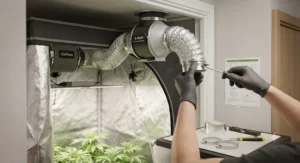 Diagram showing how to install a 4 inch inline duct fan inside a closet grow tent