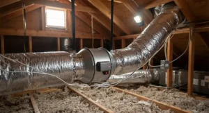 An inline duct booster fan mounted securely inside an attic HVAC duct run to boost airflow to the second floor.