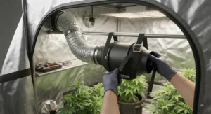 Step-by-step illustration showing how to mount an inline duct fan for grow tent ventilation to the support bars.