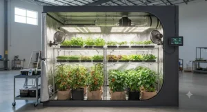 Large grow tent for vegetables featuring multiple tiers of leafy greens and tomato plants.