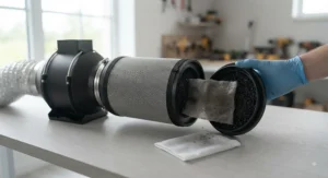 Close-up of a replaceable carbon filter on a 4 inch inline fan kit during maintenance