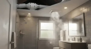 A steamy American bathroom showing effective moisture removal powered by a 4-inch inline booster fan for bathroom exhaust.