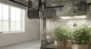 Odor control inline fan and carbon filter system operating efficiently in an indoor gardening setup