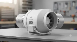 Close-up view of a quiet 4-inch inline booster fan for bathroom exhaust showing its compact cylindrical housing.