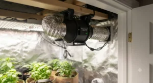 Close up of a quiet running 4 inch inline fan mounted in a discreet closet grow setup