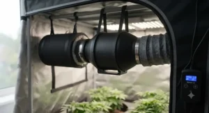 Close-up view of a quiet 4-inch inline duct fan designed for air circulation in a 2x2 grow tent setup.