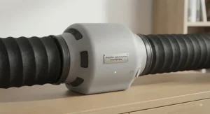 Close-up view of a quiet-running inline duct booster fan designed for bedroom or office HVAC zoning.