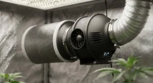 Close-up view of a high-efficiency, quiet inline duct fan for grow tent ventilation mounted on a carbon filter.