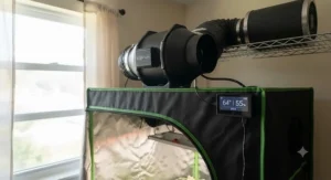 A quiet variable-speed inline duct fan mounted on top of a indoor grow tent.
