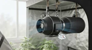 Illustration highlighting the low-noise motor design of an inline fan with carbon filter combo kit for indoor gardening.