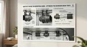 Diagram showing proper mounting techniques for the quietest inline fan in a bedroom grow tent.