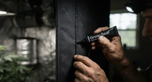 Applying lightproof sealant over needle holes along a stitched corner seam to eliminate grow tent light leaks.