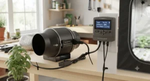 A 4 inch inline fan with speed controller plugged into an environmental temperature and humidity controller.