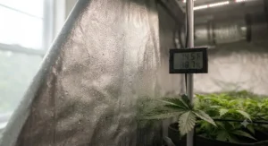 Close-up of condensation on grow tent walls indicating poor ventilation and high humidity issues.