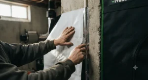 Applying black and white panda film on a wall to prevent outdoor light pollution from turning into indoor grow tent light leaks.