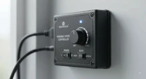 Close-up of the variable speed controller included in the inline fan with carbon filter combo kit for airflow adjustment.