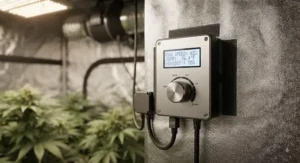 Close-up of a digital speed controller for an inline duct fan for grow tent ventilation to manage air circulation.