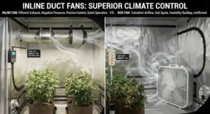 An image emphasizing why inline duct fans are preferred over box fans for maintaining grow tent climate control.