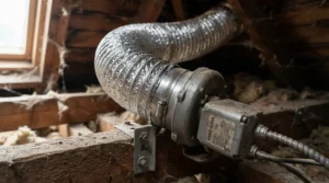 An attic setup featuring a 6 inch inline duct fan for HVAC boost connected to flexible ductwork.