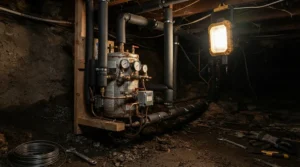 A 6 inch inline duct fan for HVAC boost mounted securely in a residential crawlspace.