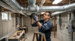 A professional 6 inch inline duct fan for HVAC boost installed in an American basement ceiling.