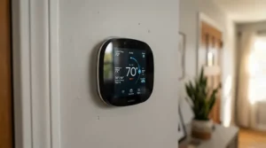 A smart thermostat screen paired with a 6 inch inline duct fan for HVAC boost system.