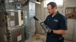A technician balancing duct static pressure with a 6 inch inline duct fan for HVAC boost.