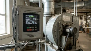 A digital controller displaying performance metrics for a 6 inch inline fan for 4x4 grow tent setup.