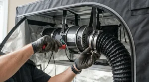 A grower securing a 6 inch inline fan for 4x4 grow tent ceiling support straps during installation.
