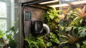 Climate management equipment including a 6 inch inline fan for 4x4 grow tent heat reduction.