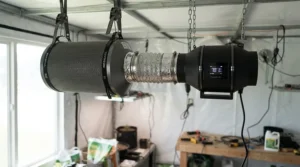 AC Infinity Cloudline 4 inch fan connected to a carbon air filter evaluated in a grow tents review